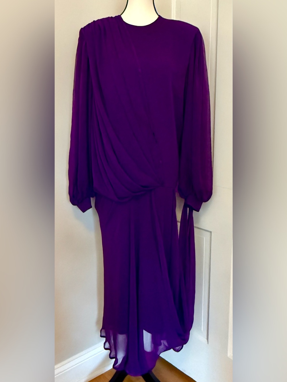 Elegant chiffon Midi Dress in Violet by Wayne Clark. Adjustable sleeve draping.